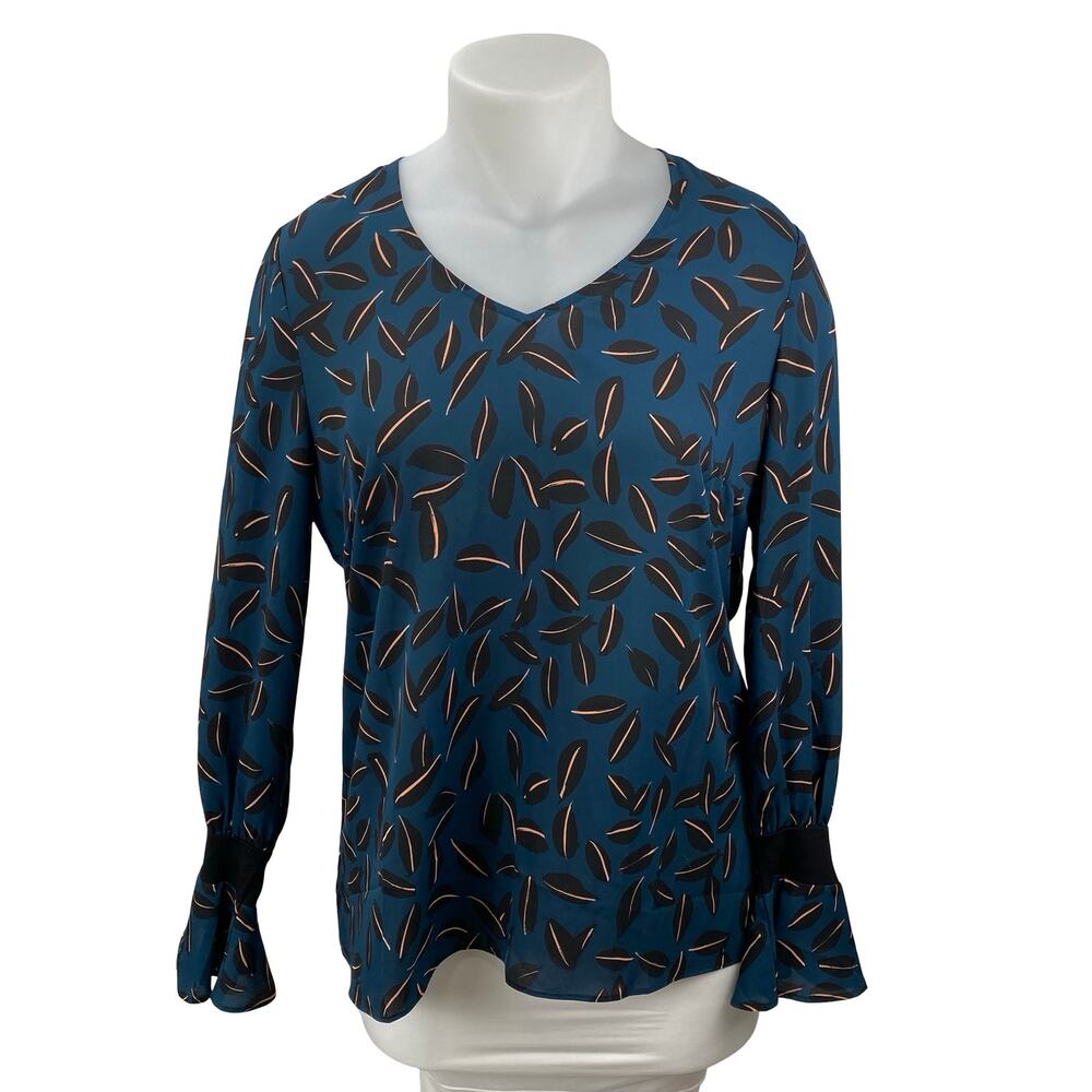 NEW Cabi Kate Shadow Leaf Women's Teal Blue V Neck Long Bell Sleeve Blouse Top L